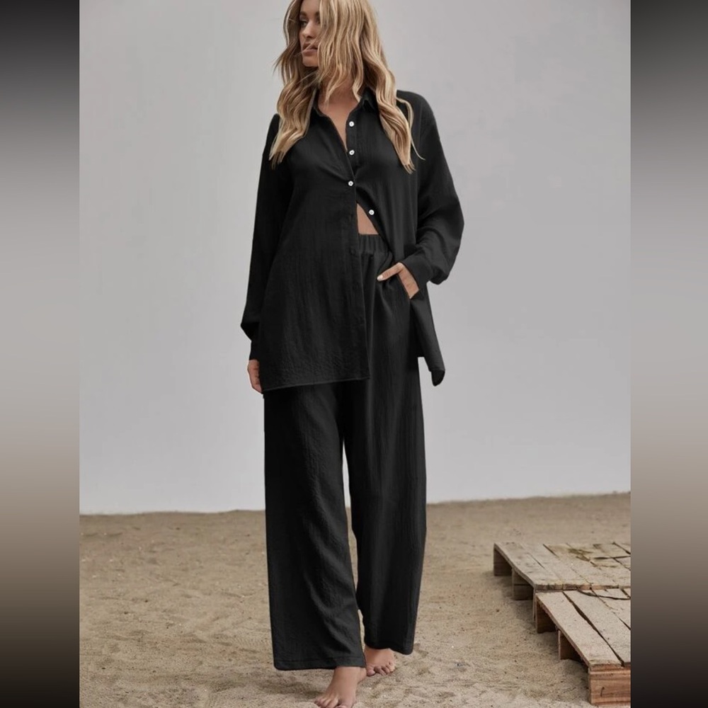 Shirt Pants 2 PC SET wide leg loose button collar spring summer womens b…